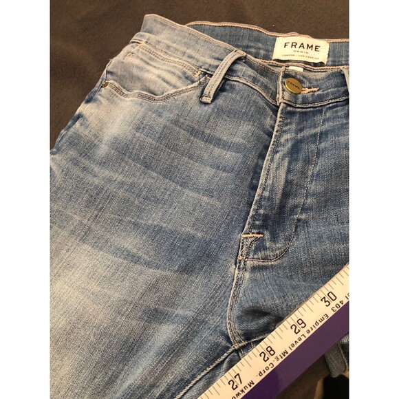 FRAME Le Skinny Alderman Jeans Women’s 27x28 Blue Distressed Raw Hem Stretch - Picture 6 of 9
